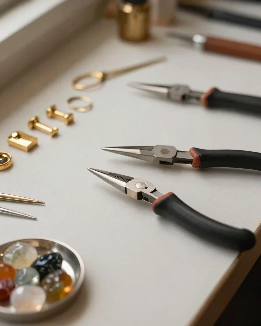 Close-focus editorial photograph of a jewellery workbench under soft directional daylight, showing polished gold and sil