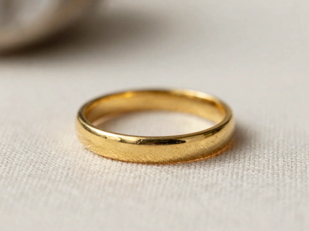 Extreme close-up of a polished solid gold ring shank on a pale linen work surface, soft directional daylight revealing n