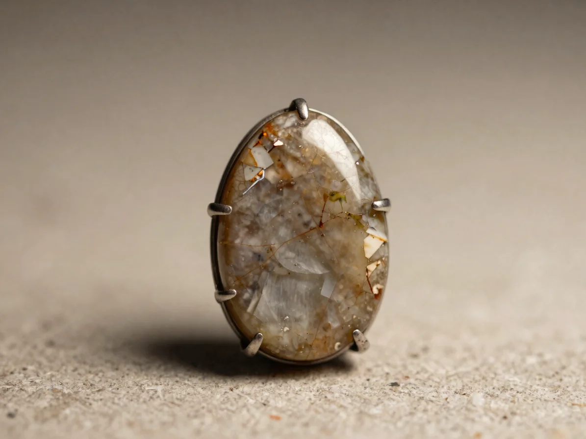 Close-focus view of a semi-precious stone seated in a fine metal prong setting, soft directional daylight, natural miner