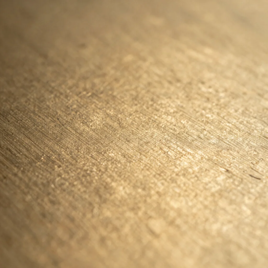 Macro detail of a brushed gold surface with fine tool marks, muted warm tones, 50mm lens
