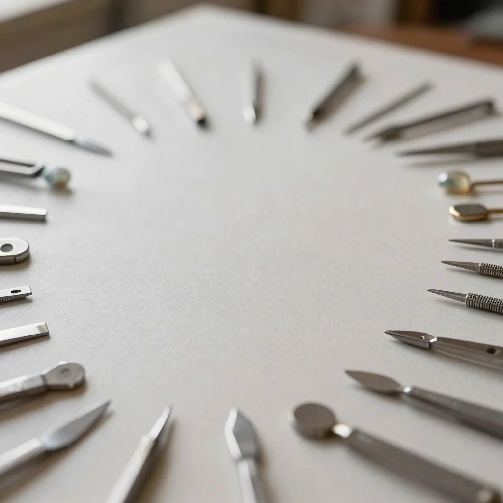 Wider view of a jewellery work surface with metal blanks and small tools laid out in order, soft daylight, uncluttered c