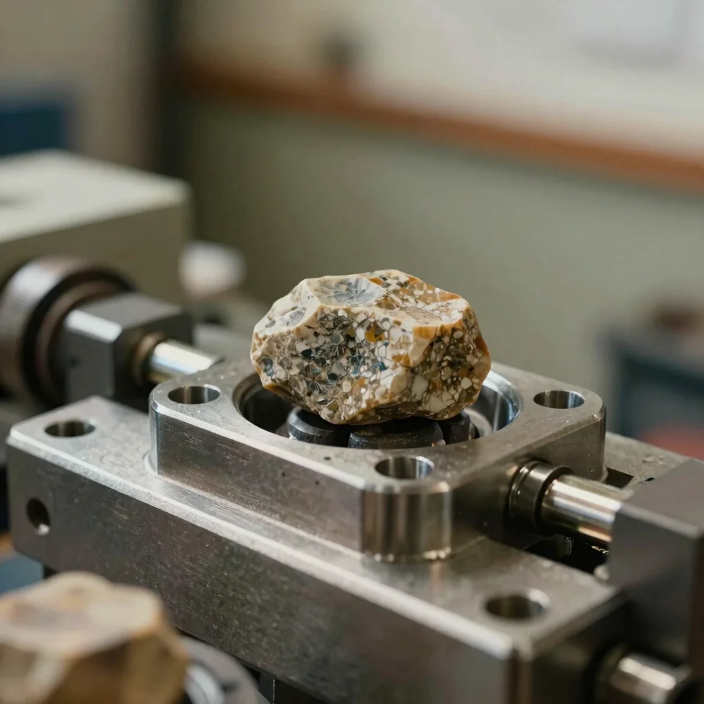 Close-focus image of a finished metal assembly with a stone seated in its mount, natural mineral tones, precise framing