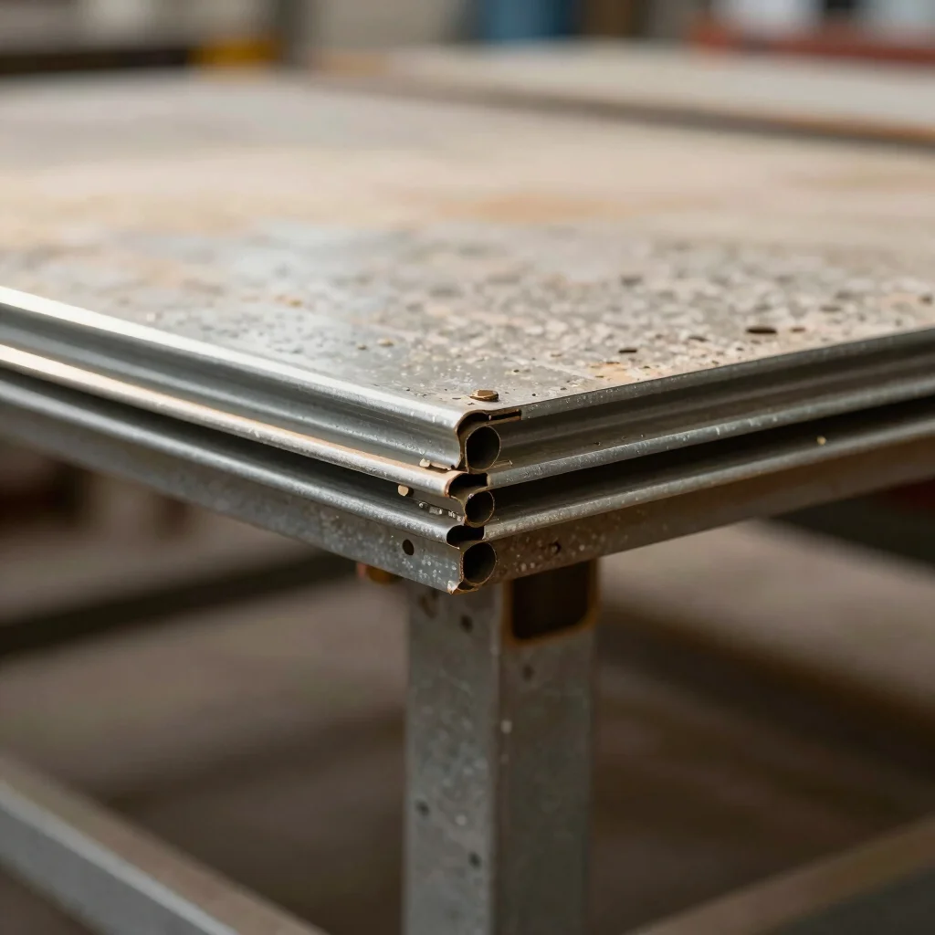 Detail of a cladded metal sheet edge catching soft daylight, shallow depth of field, editorial workshop photography