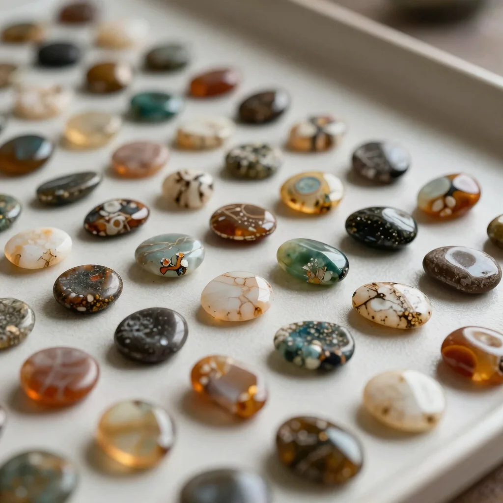 Close view of semi-precious stones sorted on a pale work tray, natural colour and texture revealed by soft light
